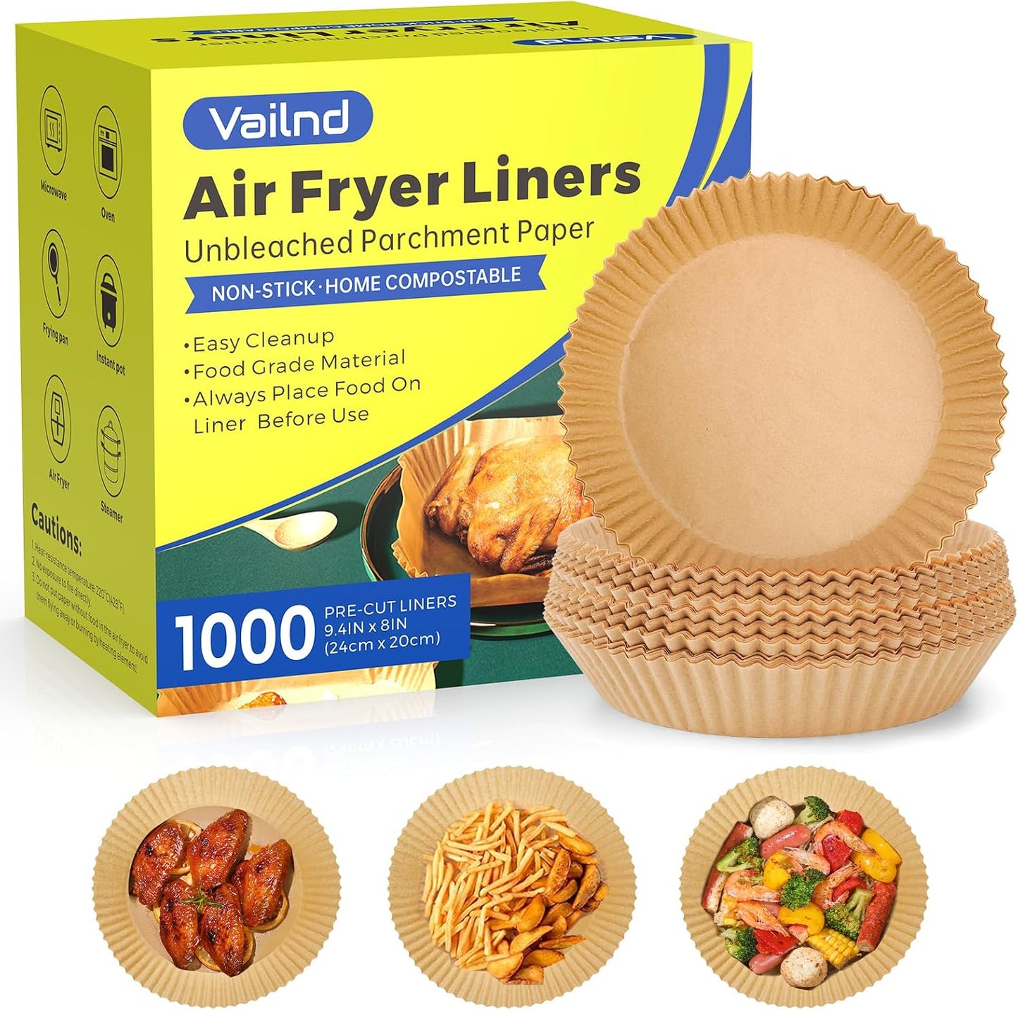 Air Fryer Paper Liners - 125 Pcs Non-Stick Parchment Paper for Microwave | 8-Inch Square, Bleach-Free