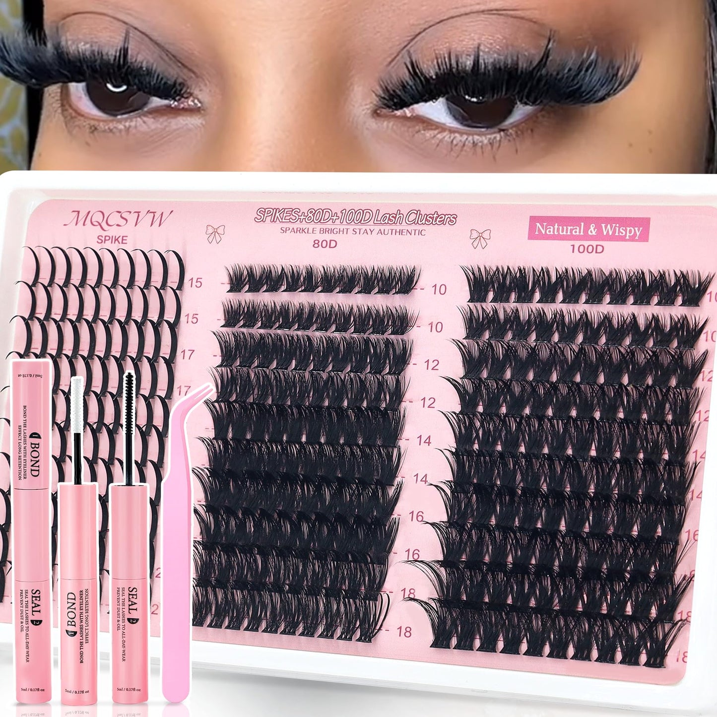 Lash Clusters Spikes 80D 100D Long 10-21mm Cluster Eyelash Extensions Kit, Wispy Thick Volume Lashes Clusters,300pcs Individual Lashes DIY Spiky Manga with Lash Strips, Bond Seal Tweezers