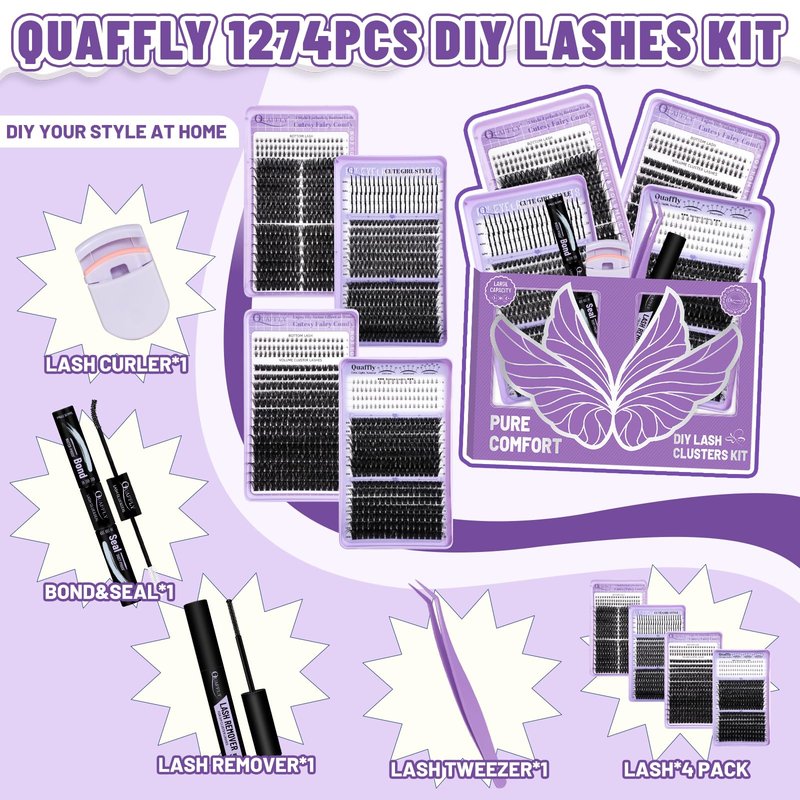QUAFFLY 1274Pcs Lash Extension Kit 40D+60D+80D+100D+Bottom Lashes+Spike lashes Individual Lash Clusters With Lash Bond&Seal Remover Tweezer Lash Curler for Natural DIY Cluster Eyelash Extensions Kit