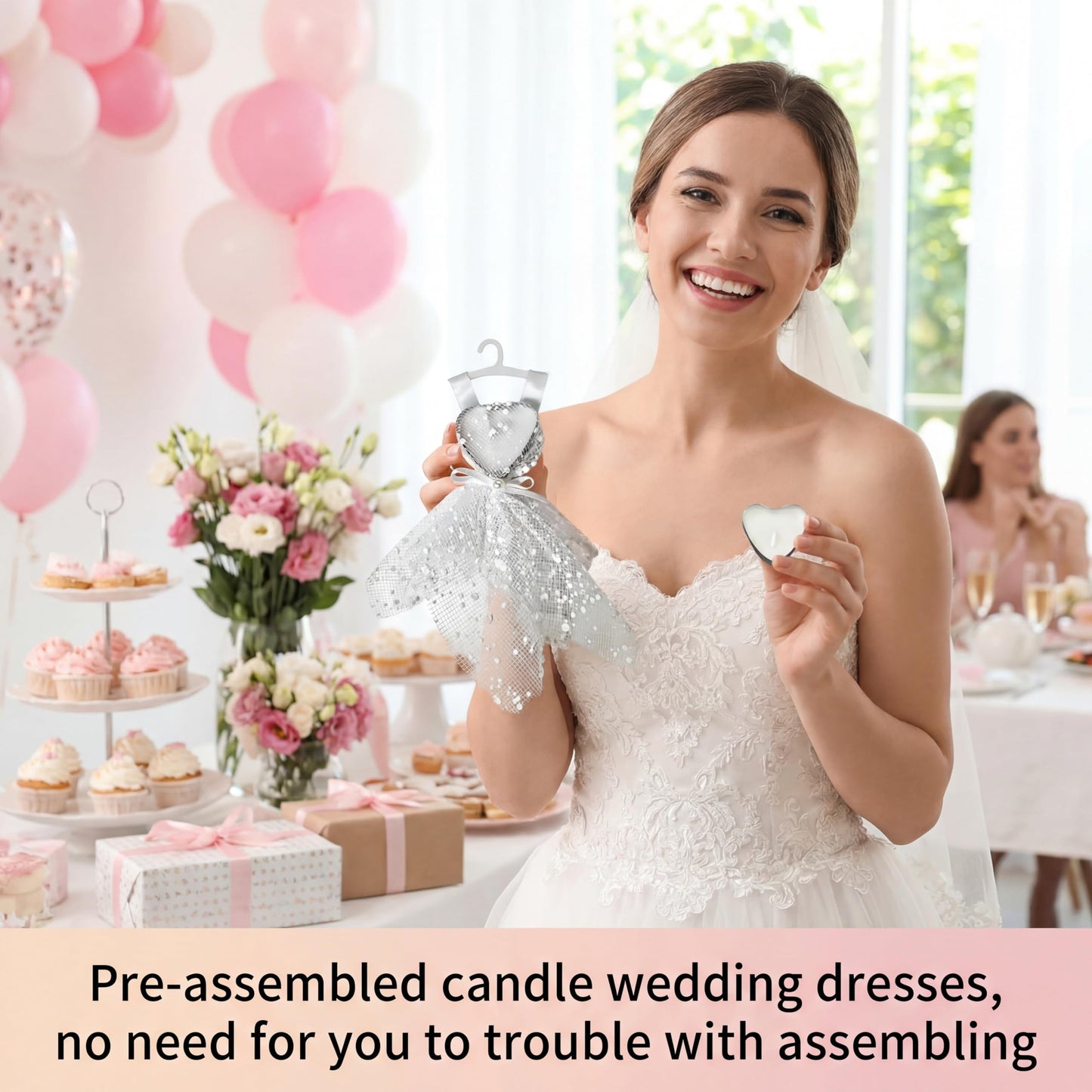 Conelist 150 Pcs/50 Sets Bridal Shower Party Favors Wedding Party Favors for Guests Bulk Bachelorette Heart Shaped Candles in Mini Wedding Dresses Engagement Bridesmaids Gifts with Thank You Card