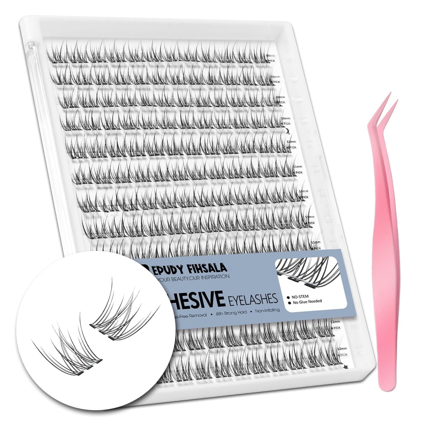 Self Adhesive Lash Clusters No-Stem 10-12mm Short Lash Clusters 156pcs Clear Invisible Band Pre Glued DIY Eyelashes Natural Soft Wispy C-Curl Individual Eyelash Extensions with Tweezers EPUDY FIHSALA