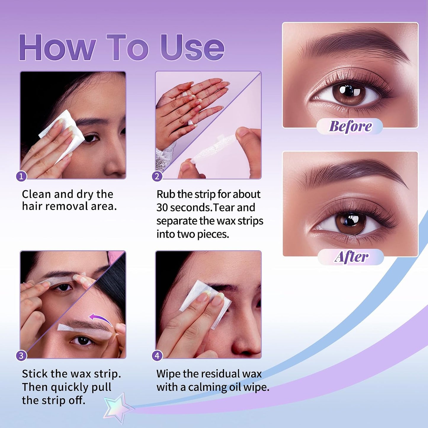 Eyebrow Wax Strips - Facial Hair Removal for Women | 24 Strips + 4 Soothing Wipes