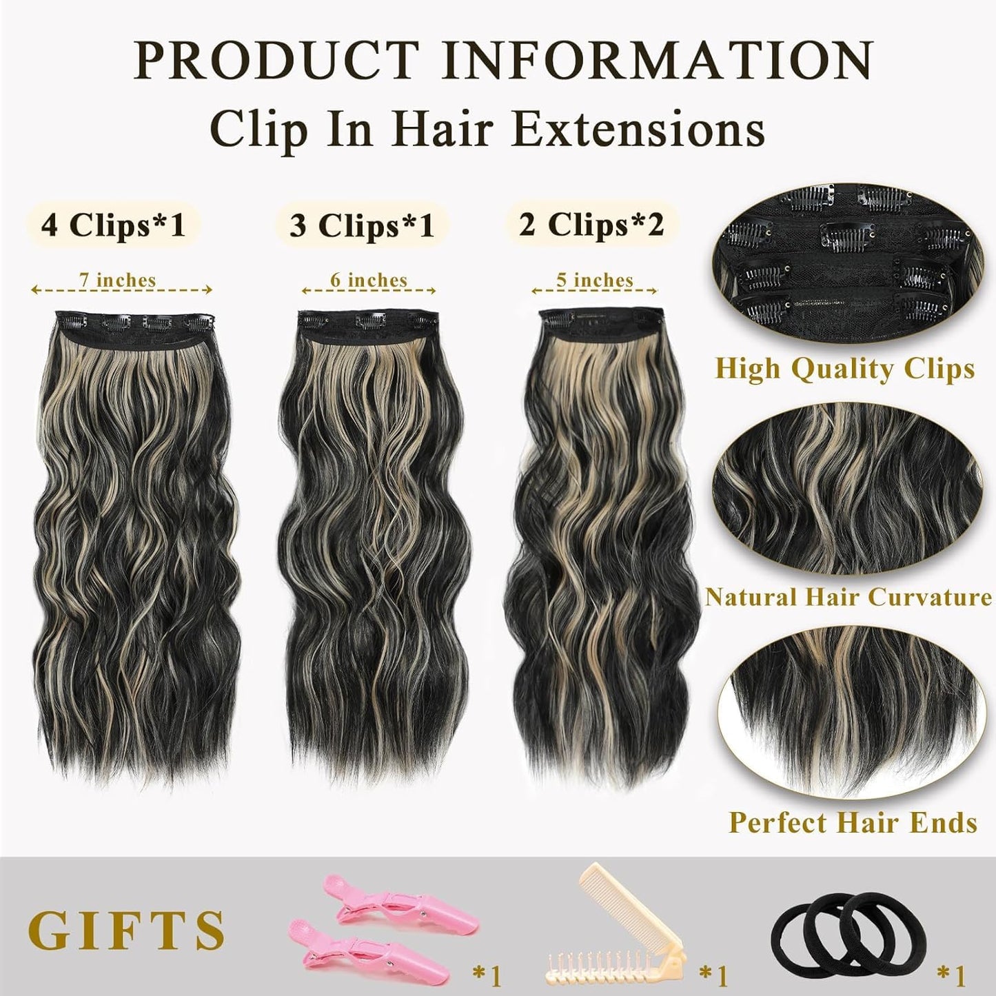 20” Black Clip in Hair Extensions Long Wavy Synthetic Extensions for Women