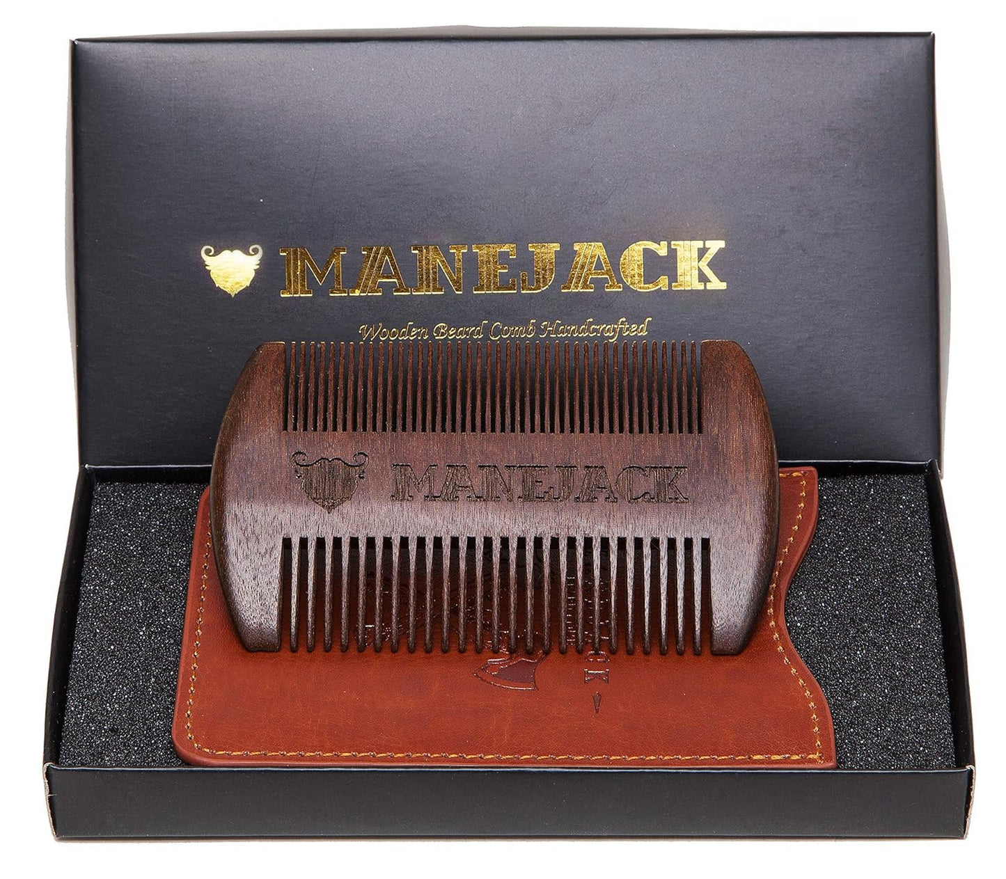 Wooden Beard Comb with Carrying Pouch - Top Pocket Combs Kit for Men - Perfect for Beard, Head hair, Mustache-Dry Use with Balms and Oils - Fine and Coarse Teeth