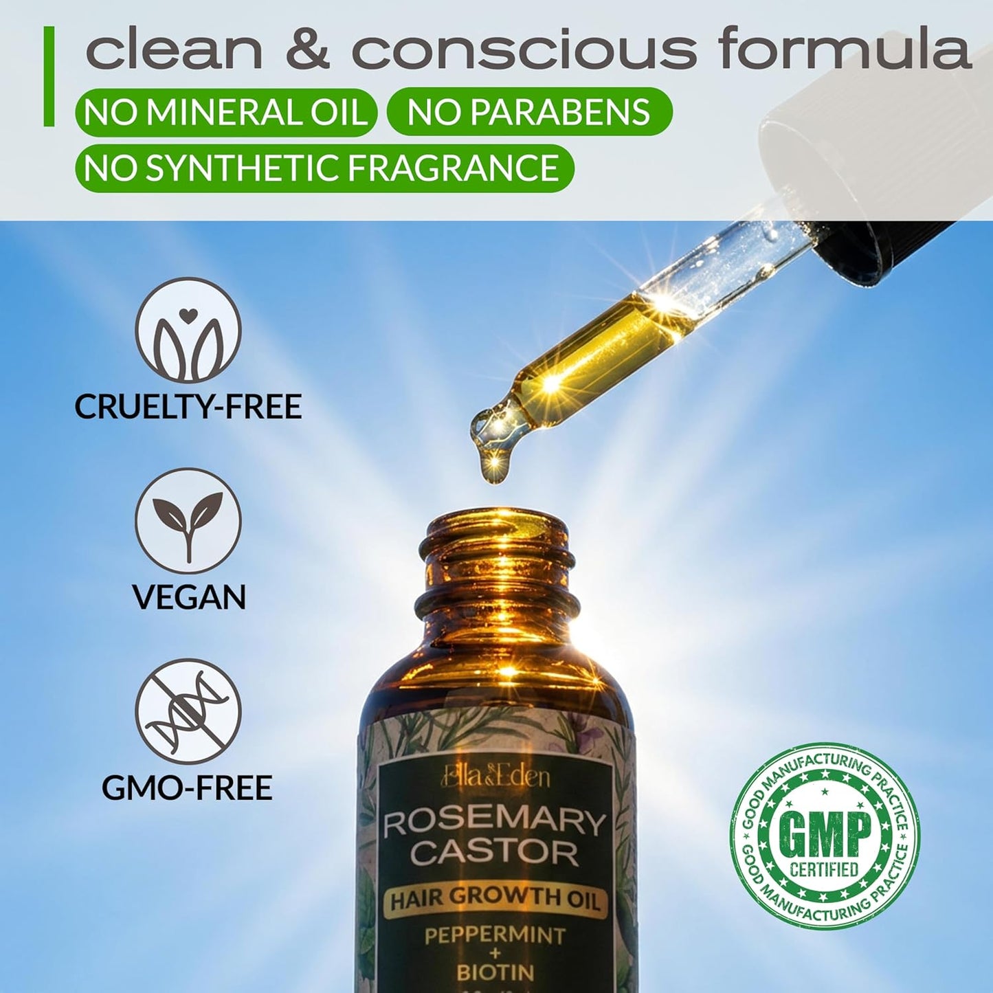 Hair Growth Oil - Rosemary, Castor & Peppermint Oils with Biotin - Dry Scalp Treatment | 2 Fl Oz Glass Bottle