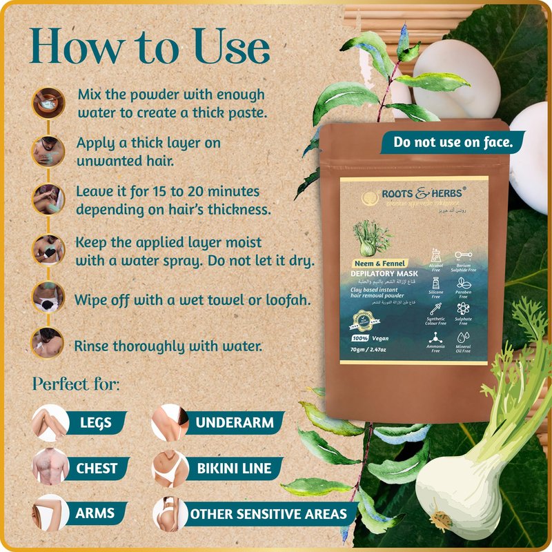 ROOTS AND HERBS Neem and Fennel Depilatory Mask - Vegan Hair Removal for Sensitive Skin: Facial, Pubic, Bikini, Leg - Organic Powder Waxing