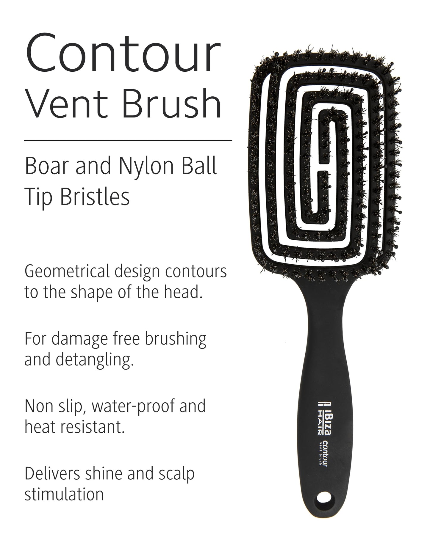Ibiza Hair Contour Vent Detangling Brush with Boar/Nylon Ball Tip Bristles | Geometrical Design Contours to the Shape of the Head for Damage Free Detangling | Waterproof & Heat Resistant