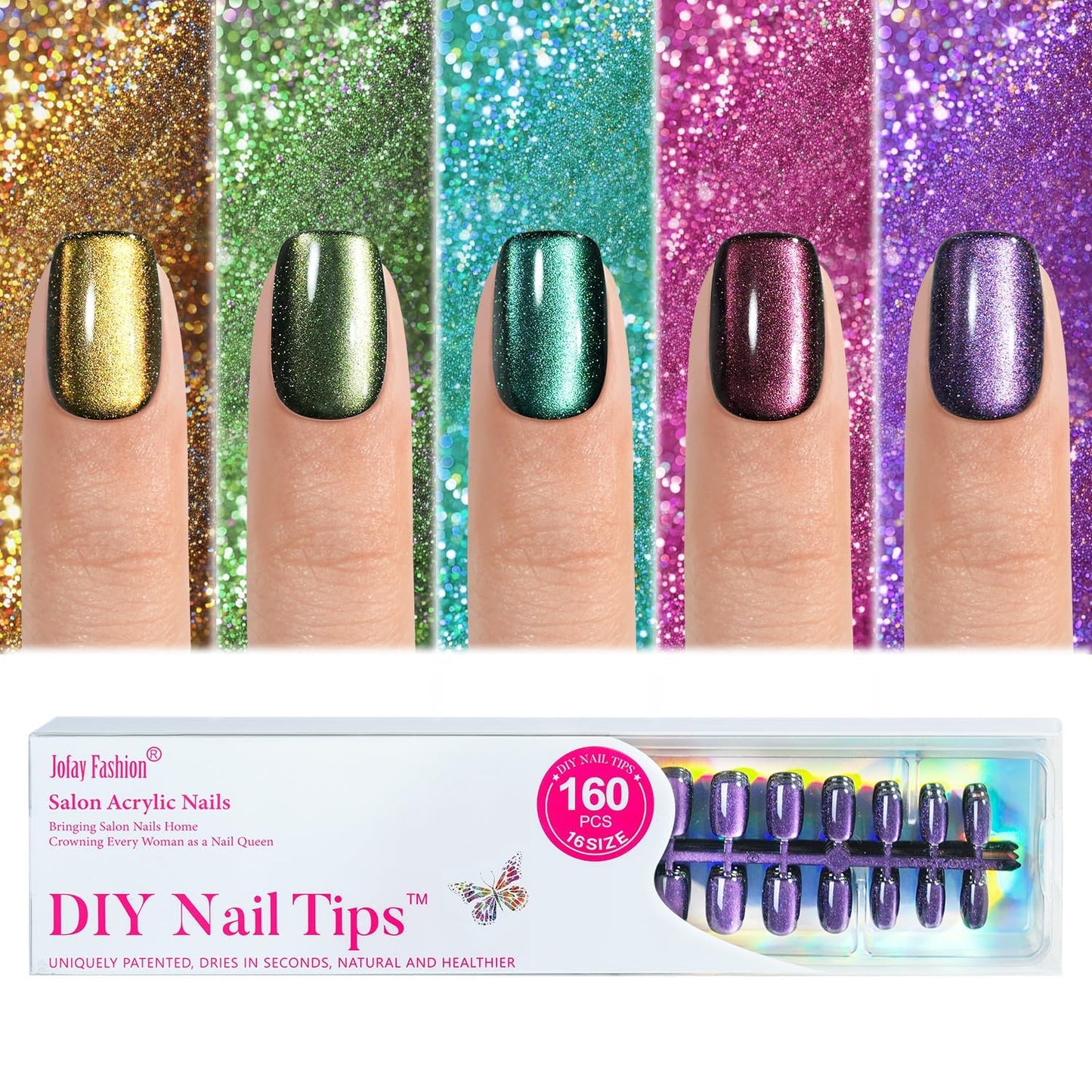 Cat Eye Press On Nails - Short Square Soft Gel Nail Art | 160PCS in 5 Styles & 16 Sizes