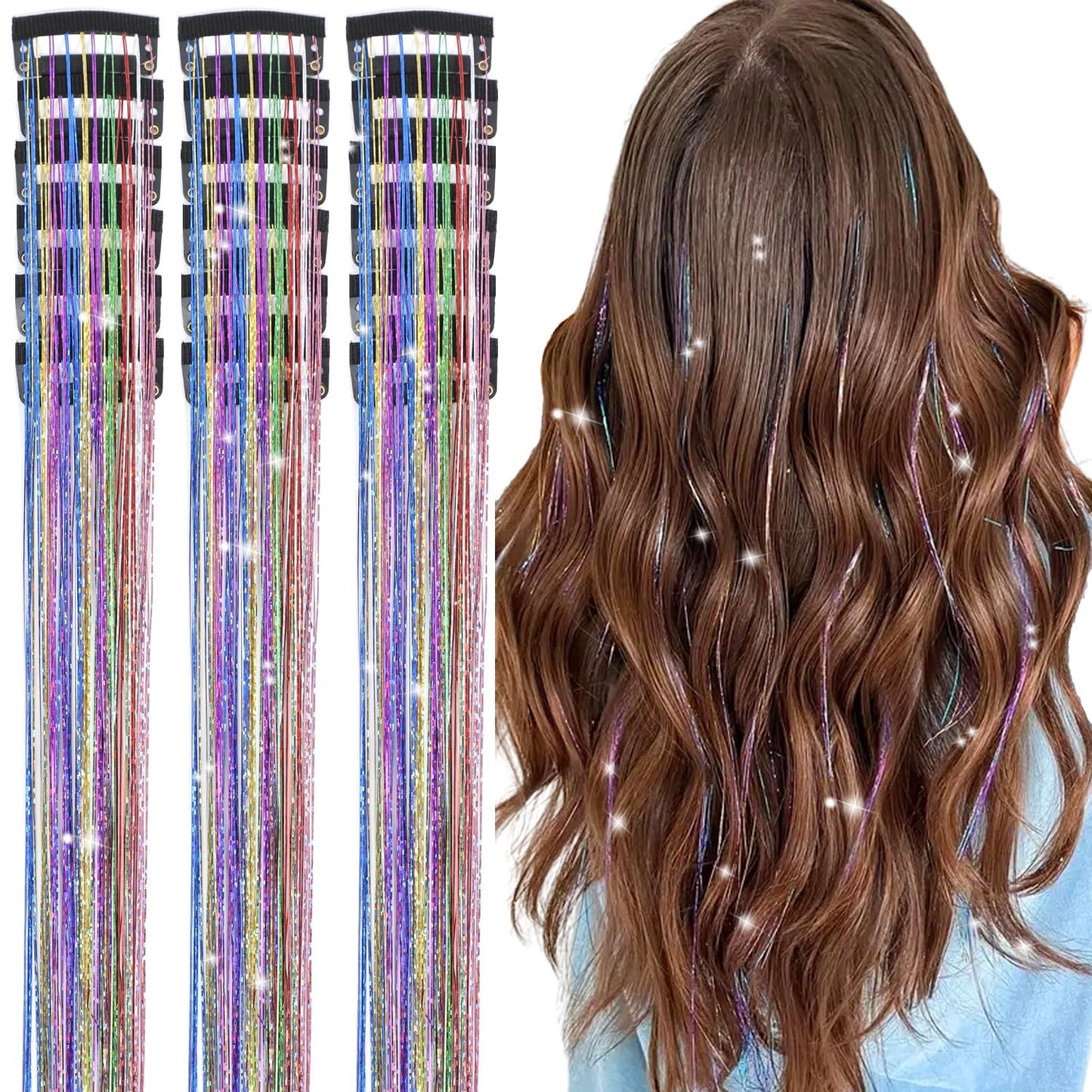 Aokomisu Hair Tinsel Clip in Pack of 18 Pcs Clip in Hair Tinsel Glitter Tinsel Hair Extensions 20 Inch Fairy Hair Clips Sparkling Hair Accessories for Girls Kids Women (Colorful-18 Pcs)