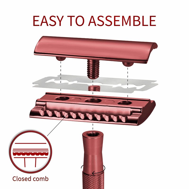 Bambaw Single Blade Double Edged Safety Razor with 5 Blades, Durable Metal Razor for Men & Women, Reusable & Plastic Free Double Edge Safety Razors for Men – Red