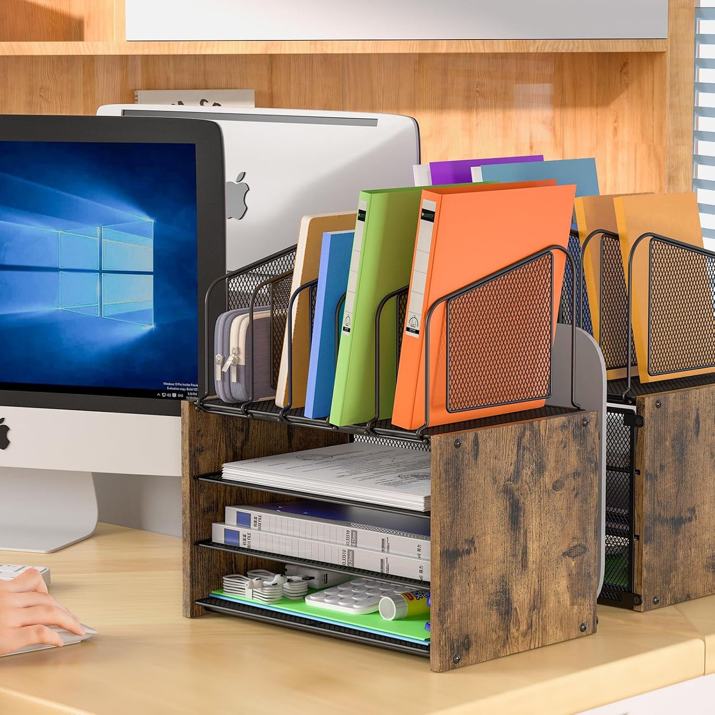 4-Tier Desk Organizer - Wooden Desktop File Holder with 5 Vertical Slots | Office & Home Use