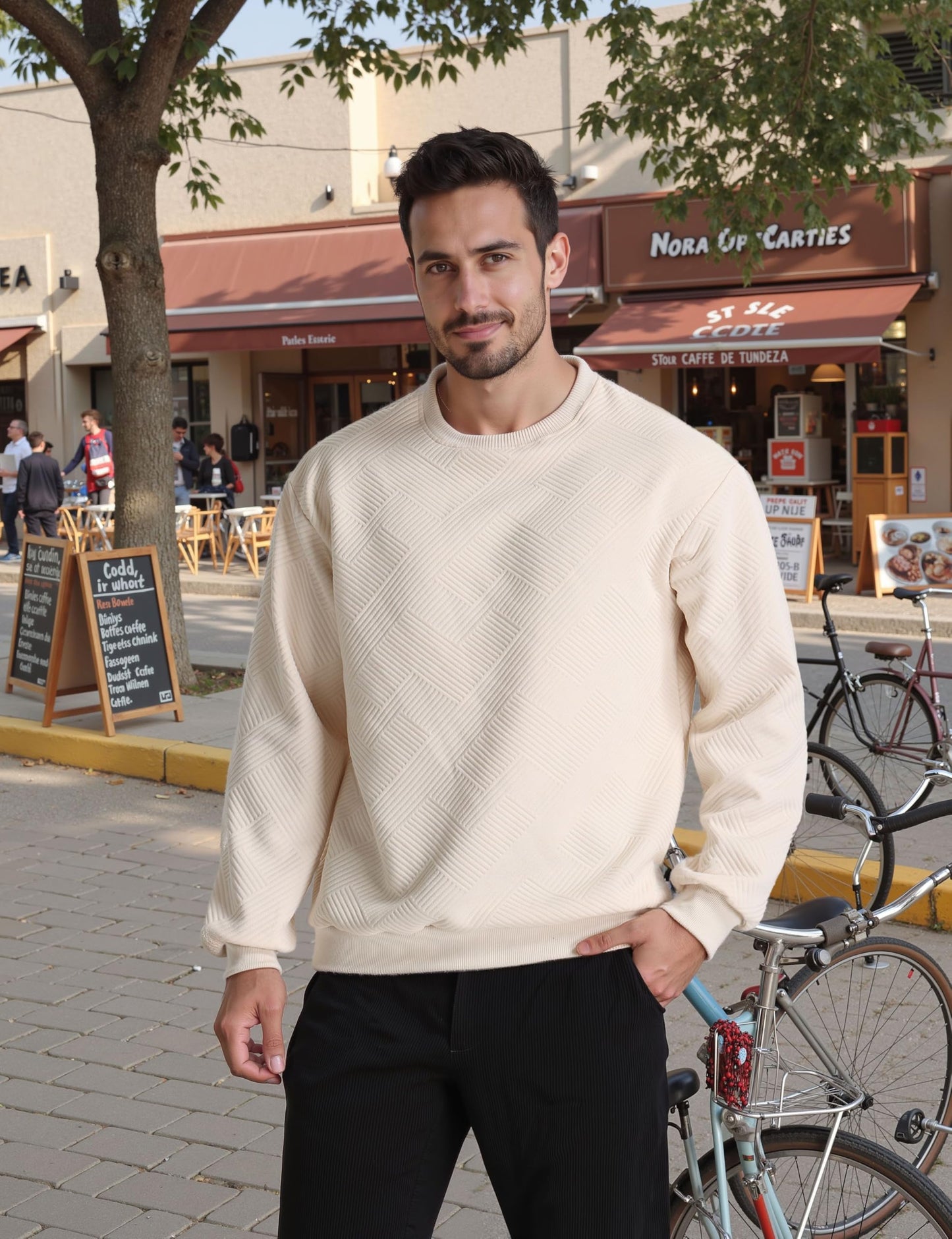LUYIJIESHENG Men's Apricot Crewneck Long Sleeve Basic Pullover Sweatshirt Soild Color Geometric Texture Casual Crewneck Sweatshirts S
