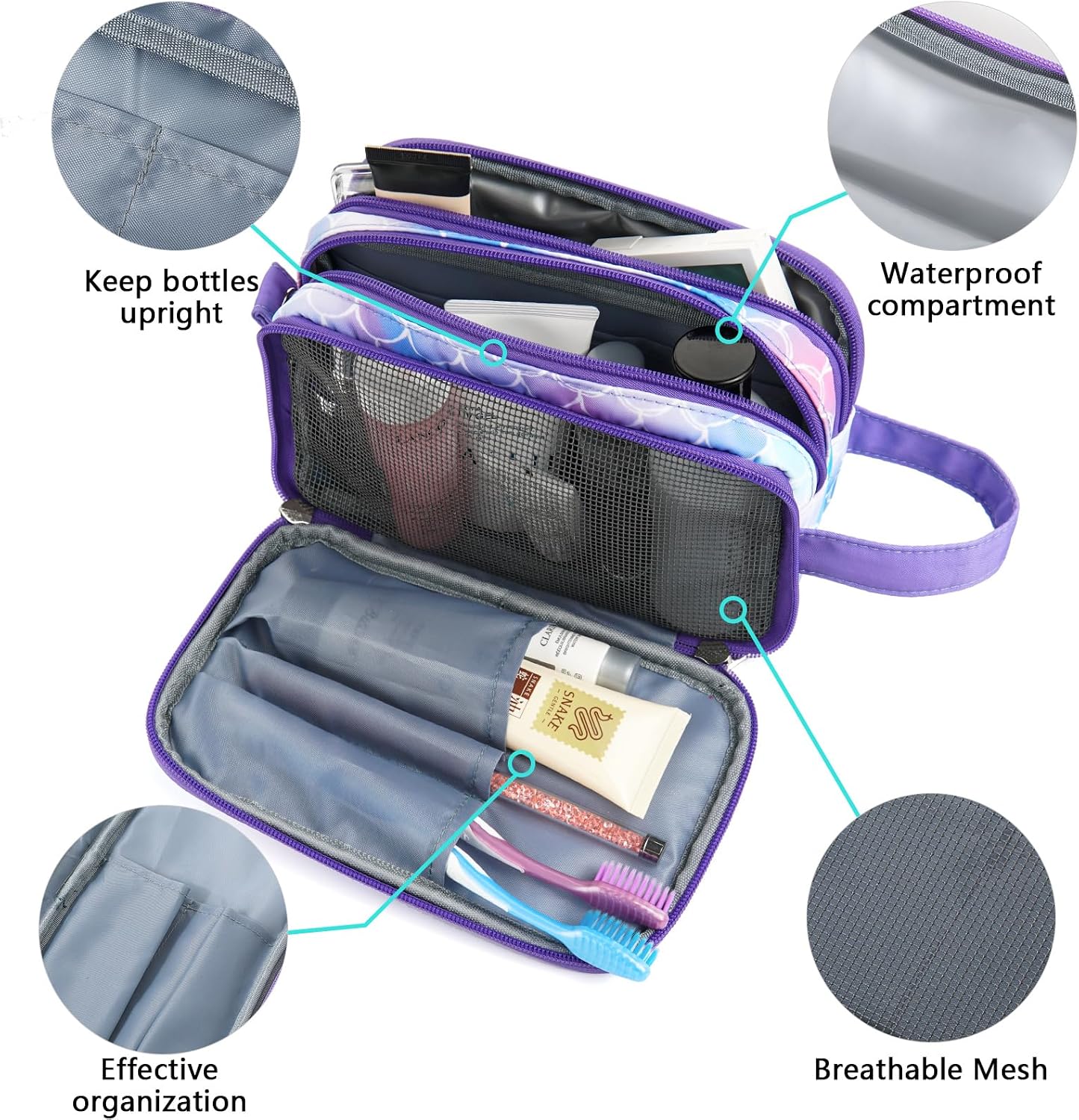Kids Toiletry Bag - Waterproof Mermaid Scales Travel Cosmetic Bag for Girls | Hanging Wash Bag