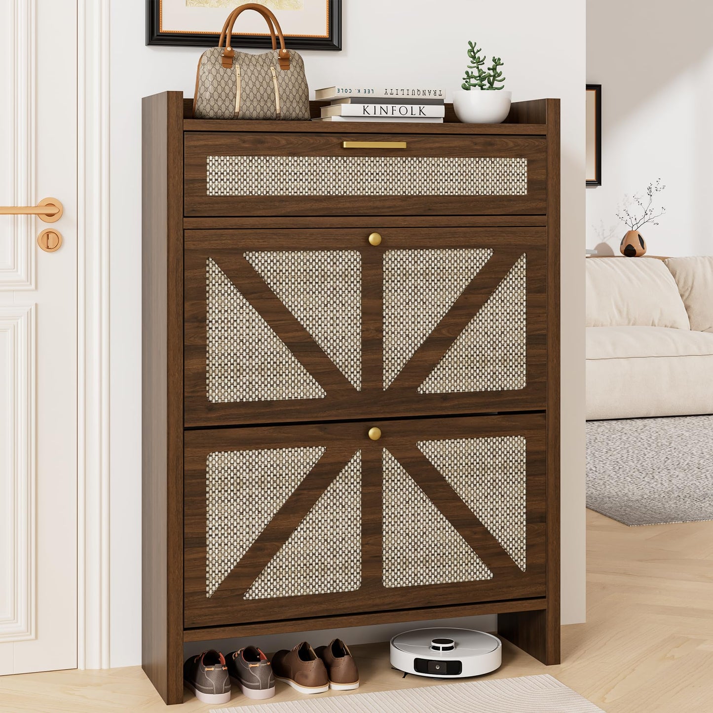Regmuse Rattan Shoe Storage Cabinet - Hidden Entryway Shoe Storage with Adjustable Shelf, Slim Shoe Organizer Cabinet with 2 Flip Drawers & 1 Drawer, Modern Shoe Cabinet Storage for Hallway Entrance