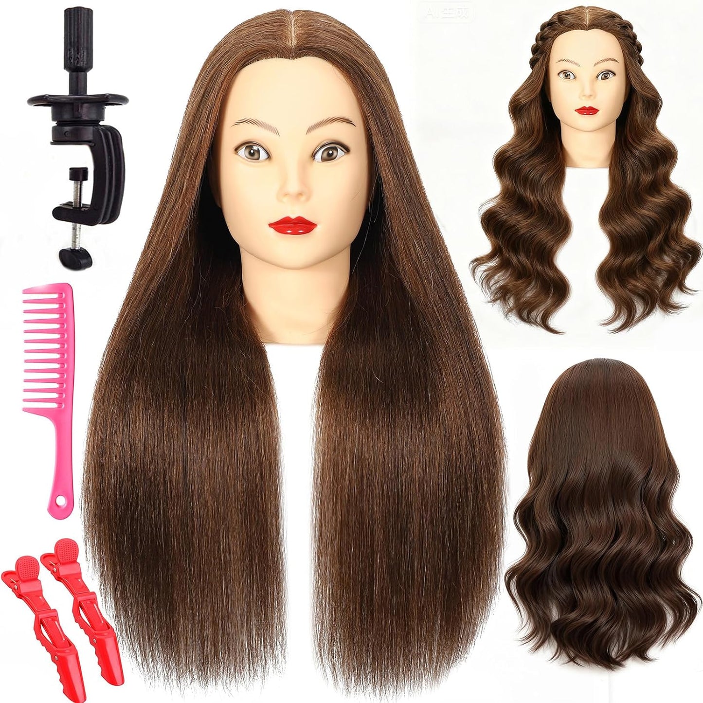 Mannequin Head - 100% Real Hair Cosmetology Training Doll | 20" Nature Brown with Clamp & Comb