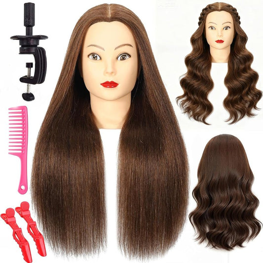 Mannequin Head - 100% Real Hair Cosmetology Training Doll | 20" Nature Brown with Clamp & Comb