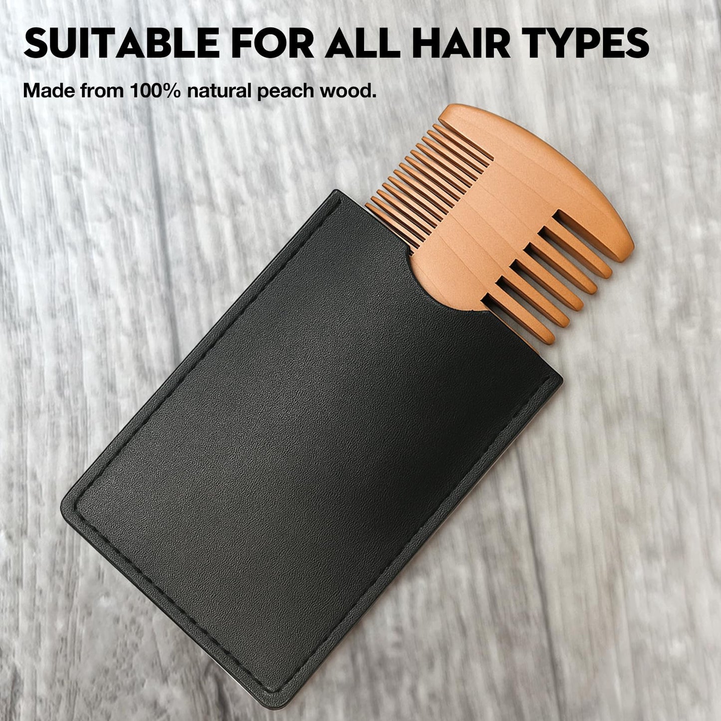 Peach Wood Beard Comb – Dual-Sided Comb for Fine & Coarse Teeth, Ideal for Beard & Mustache & Hair Grooming, with Leather Case