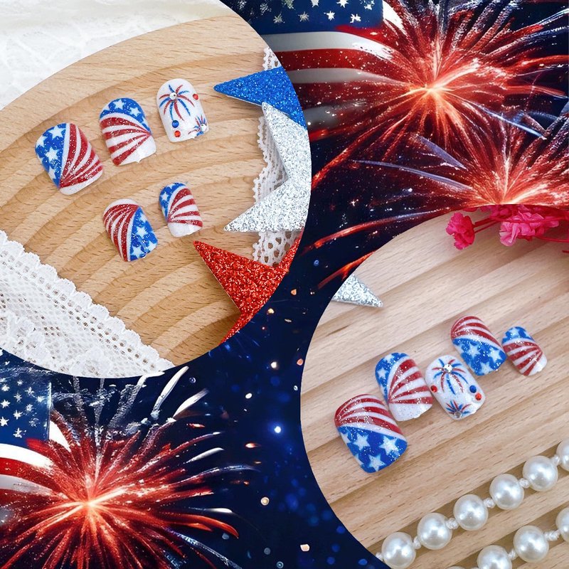 24Pcs 4th of July Press on Nails Short Square Fake Nails with Red Blue White Diamond Independence Day False Nails Patriotic Acrylic Nail Kit Shiny American Flag Full Cover Glue on Nails for Women