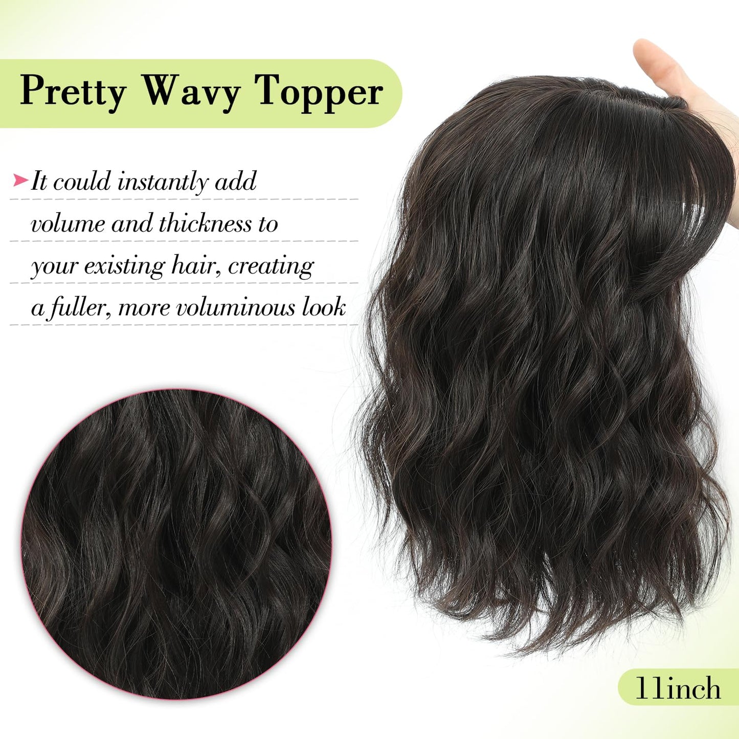 Short Wavy Hair Topper for Women - 11 Inch Natural Synthetic Hairpiece, Lightweight & Breathable | Dark Brown, 6.5"x6.5" Base