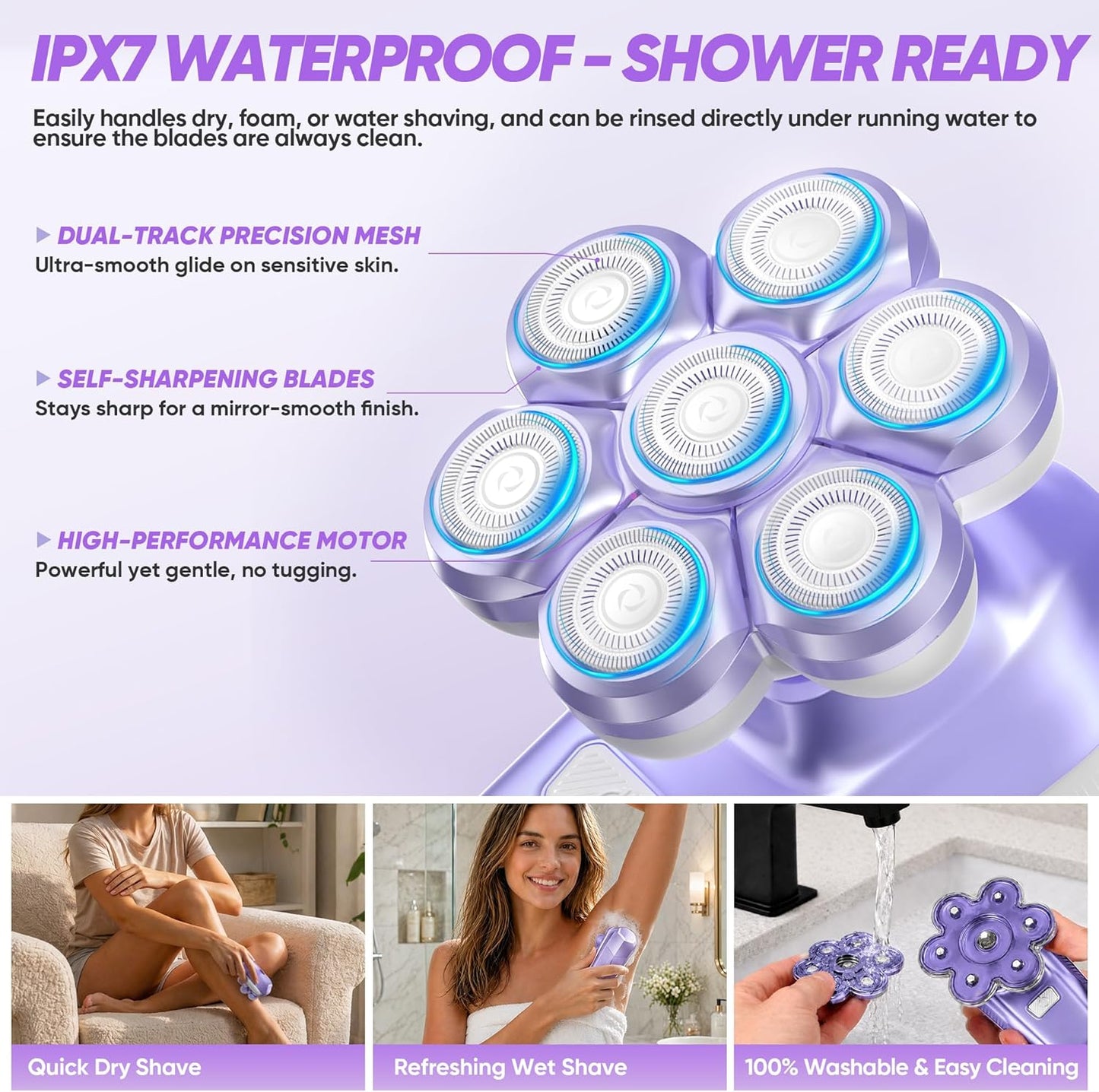 Electric Shaver for Women - 7D Magnetic Heads, Waterproof Wet/Dry Razor | USB Rechargeable, Purple