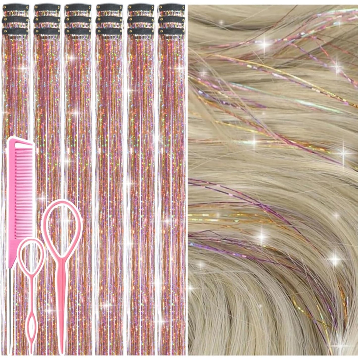 Hair Tinsel Kit - 12 Pcs 24 Inch Gold Glitter Clip-In Hair Extensions for Girls & Women | Perfect for Christmas & New Year Parties