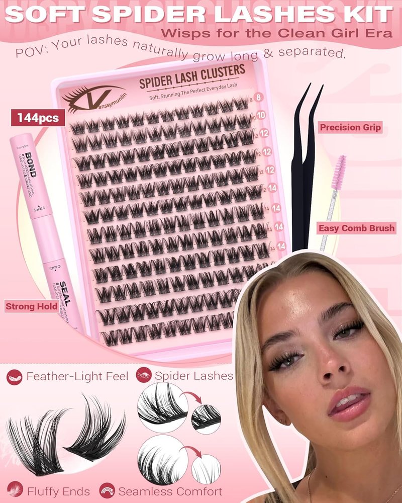 Spider Lashes Natural Wispy Lash Clusters Kit - Fluffy C-Curl Eyelash Extensions 8-16MM