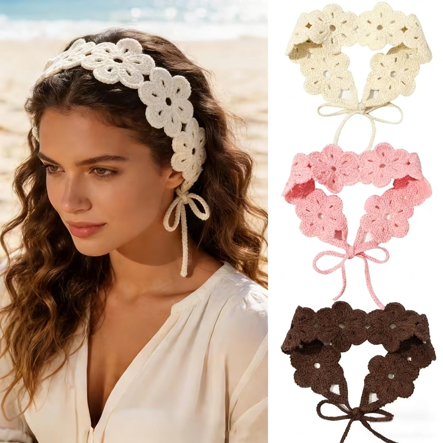 Seinyllu 3 Pack Boho Headbands for Women, Hippie Accessories Adjustable Tie Headband, Floral Crochet Hair Bandana for Girls