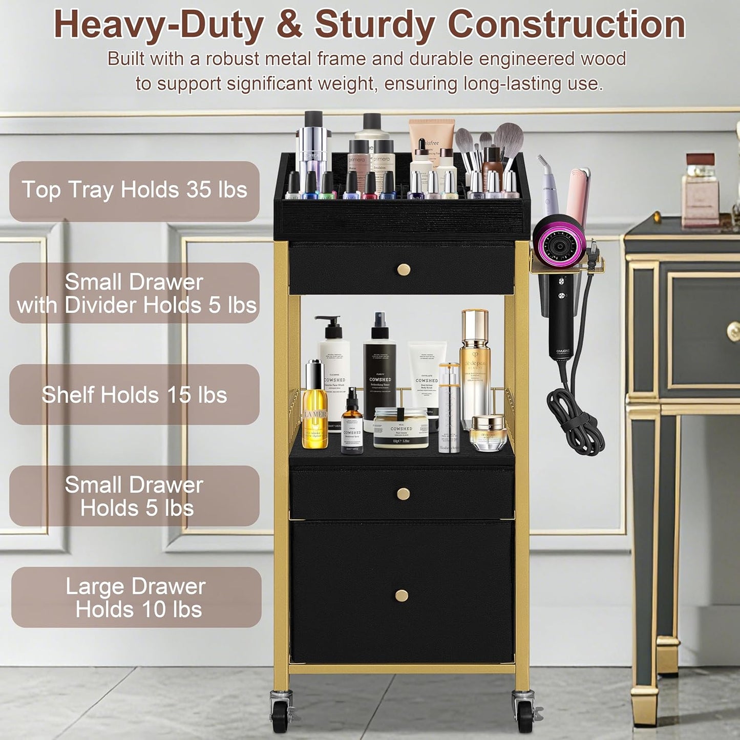 Makeup Organizer Cart - Rolling Vanity Storage with 3 Drawers & Detachable Hair Tool Holder | Gold & Black