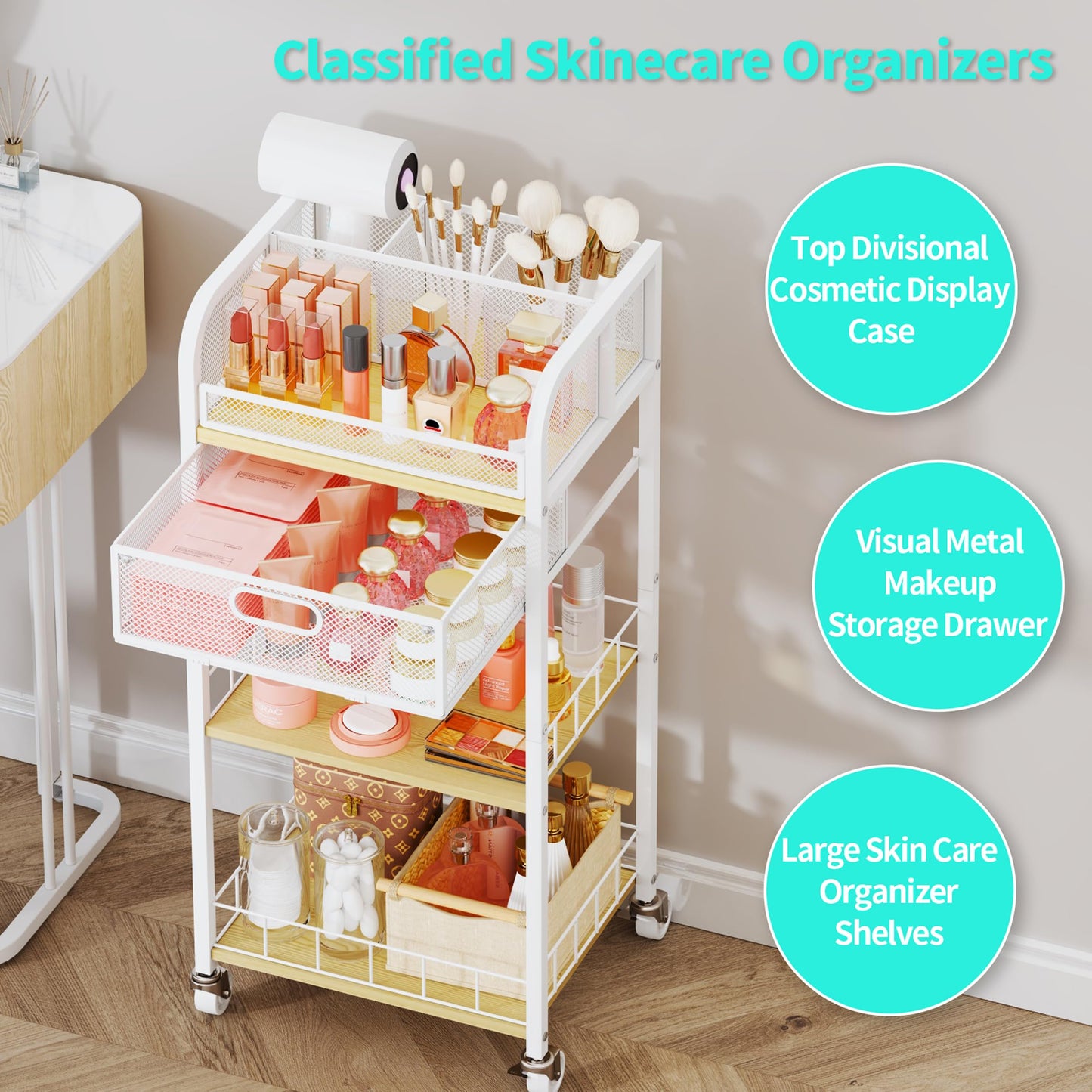 HapiRm Makeup Organizer Storage Cart - 4 Tier Skincare Make Up Storage with Drawer, Rolling Makeup Cart Vanity Organizer Cosmetics Display Cases Holder for Skin Care Perfume Nail Polish Brush