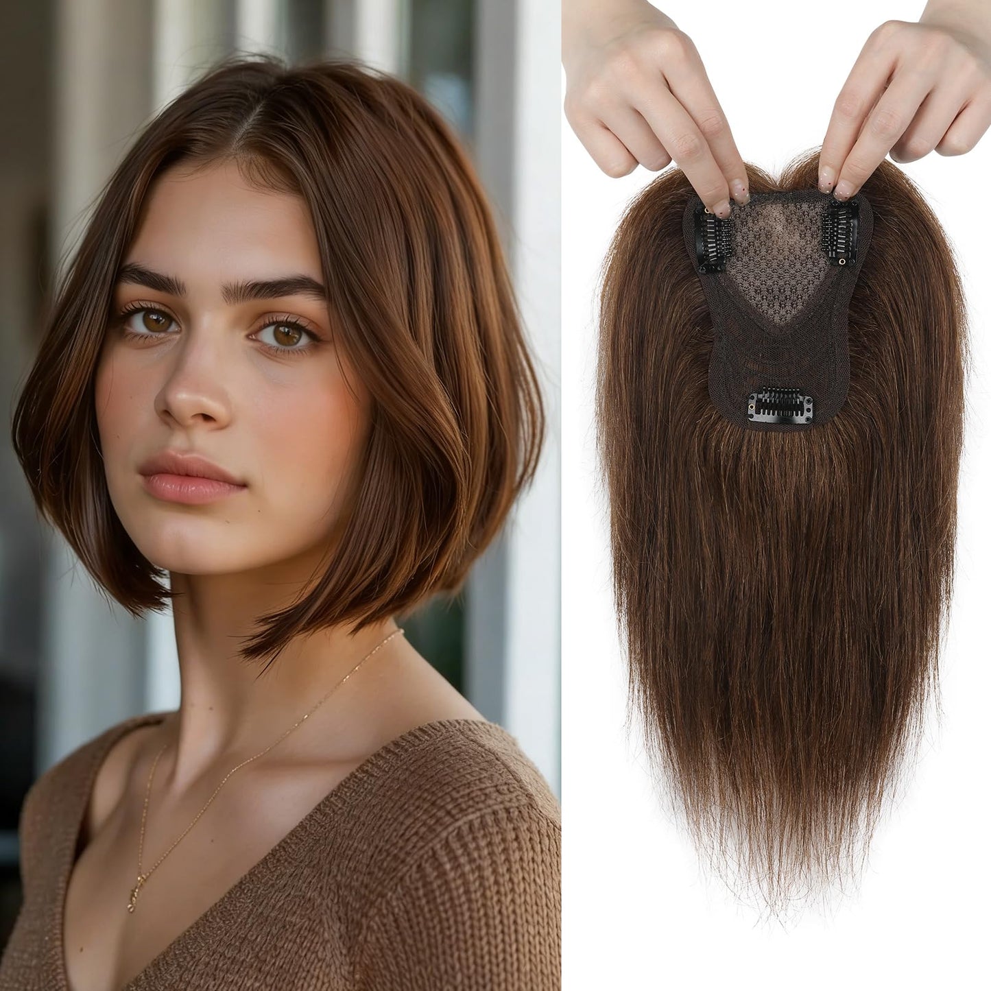 REECHO 10" Real Human Hair Topper for Women with Thinning Hair, Breathable Clip-in Crown Hairpiece for Instant Volume and Grey Root Coverage, Natural Looking Real Hair Toppers Wiglett