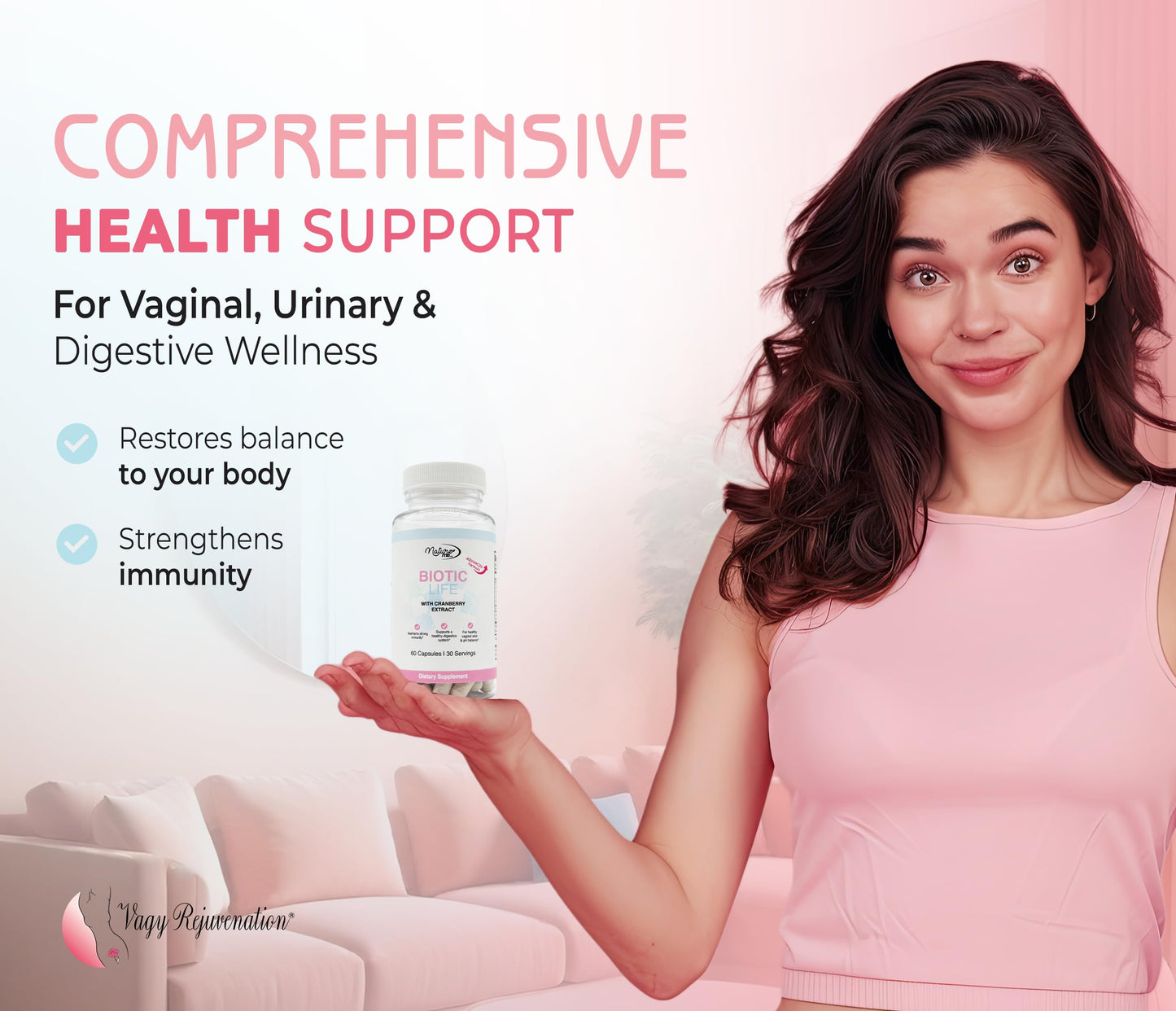 Vagy Rejuvenation BioticLife Probiotic for Women – Probiotics for Vaginal, Digestive & Urinary Health – Supplement with Prebiotics & Cranberry Extract – 60 Capsules