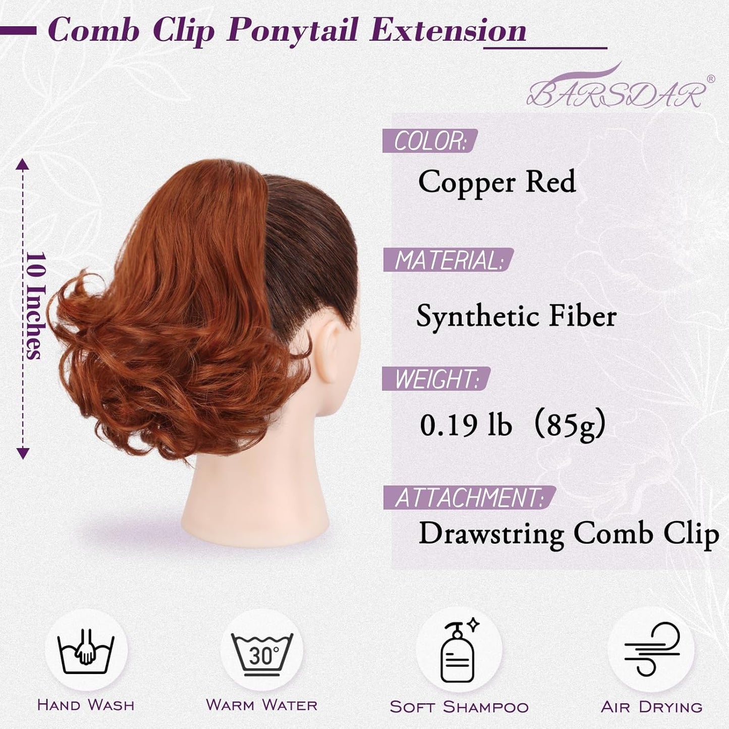 Copper Red Ponytail Extension - 10 Inch Wavy Drawstring Clip-In Hairpiece for Women | Synthetic Hair
