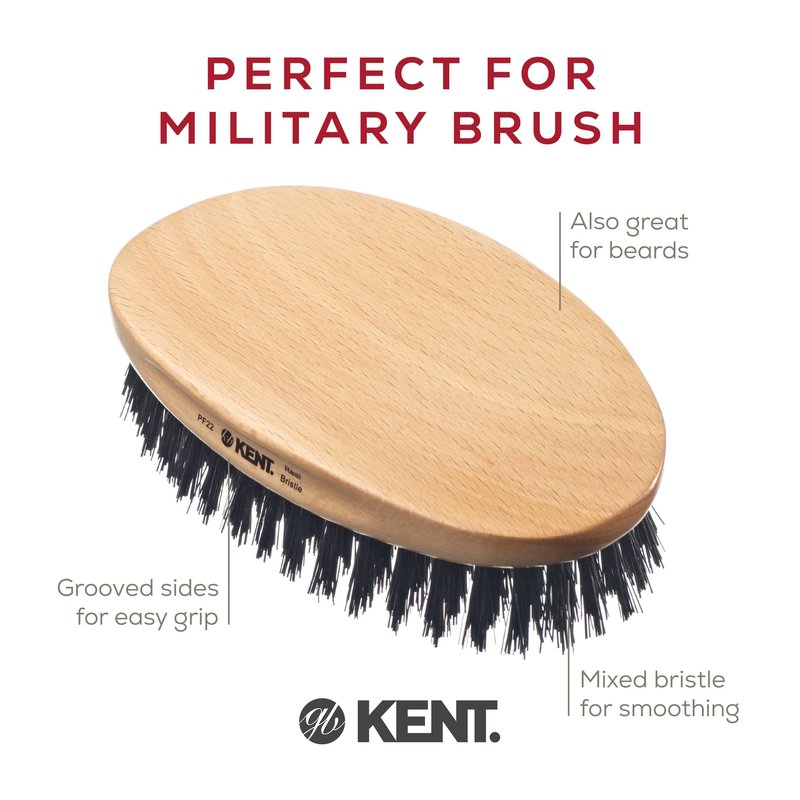 Kent PF22 Oval Black Military Brush - Boar and Nylon Bristle Mix for Men's Grooming, 360 Wave, and Facial Care. Made in England