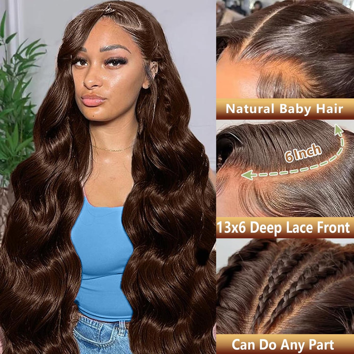 28 Inch Chocolate Brown Human Hair Wig - 250% Density, 13x6 HD Body Wave with Baby Hair | 100% Real, No Tangle, No Shedding