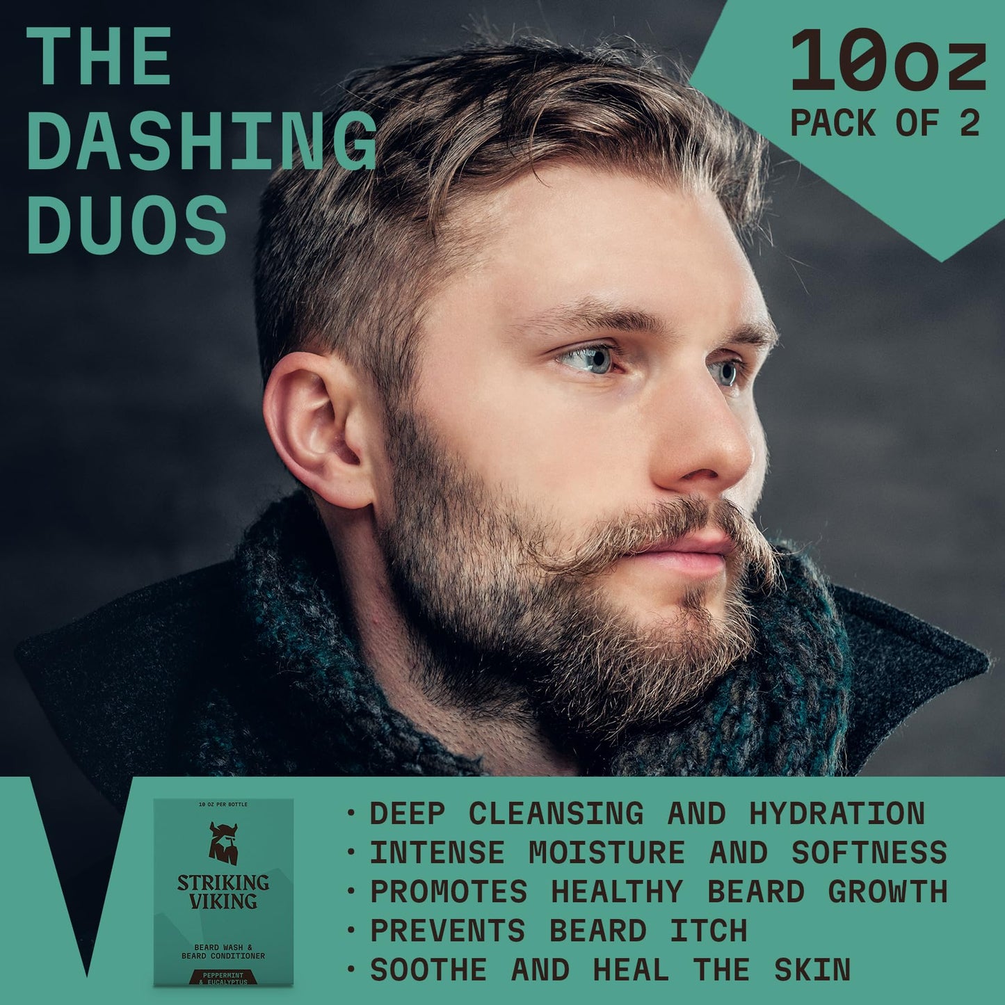 Striking Viking Beard Wash & Conditioner - 20 fl oz, Peppermint & Eucalyptus - Deep Clean & Itch Relief Beard Shampoo and Conditioner for Men - Hydrating Jojoba Facial Oil Treatment