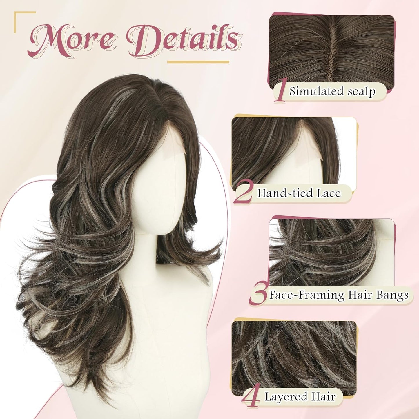 Brown Layered Wig with Curtain Bangs - Long Wavy Synthetic Hair for Women | 20 Inch Ash Brown Grey