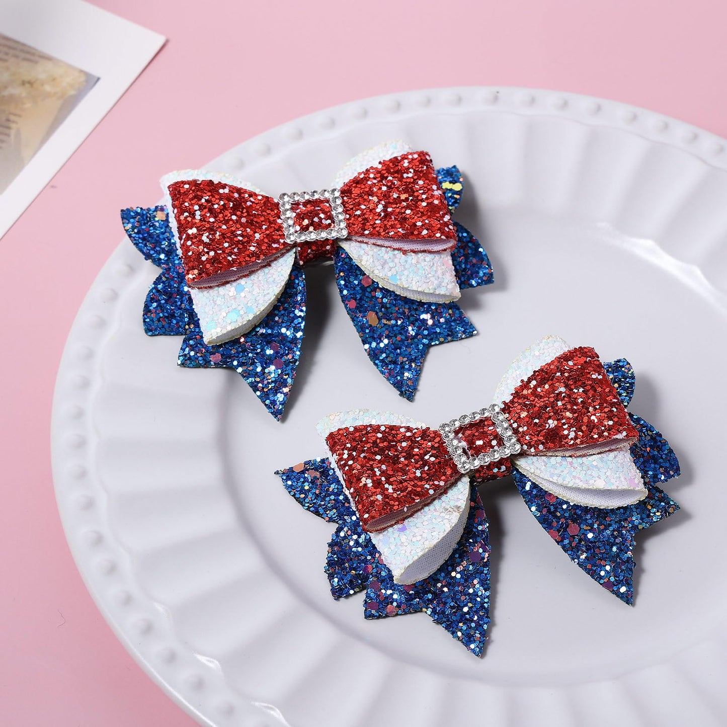 4th of July Patriotic Hair Bows Alligator Clip For Girls Glitter Sparkly Red White Blue Sequin Cheer Barrettes Hairpins Independence Day Xmas Party outfit Dress Decor Accessory Gift 3.5"