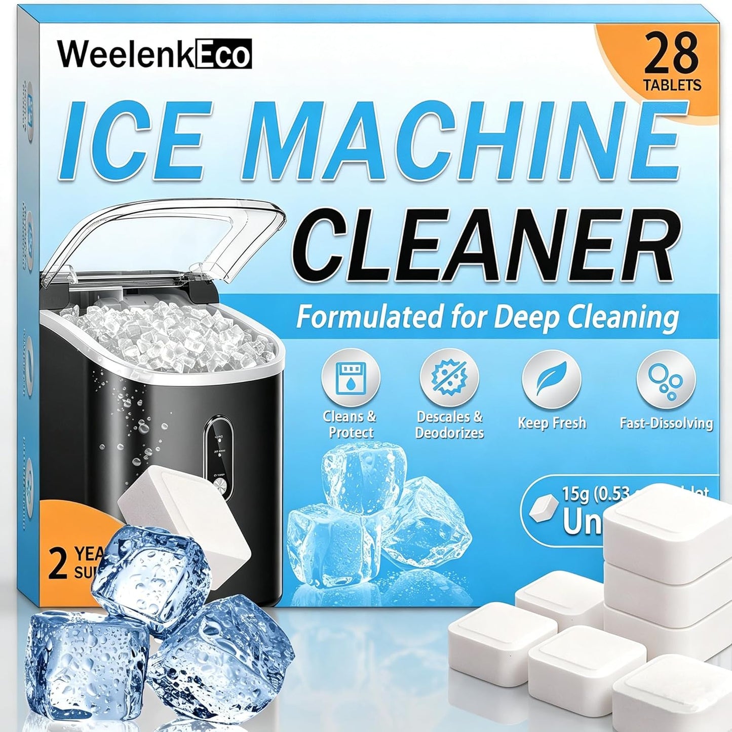Ice Machine Cleaner Tablets - 28 Large Nickel-Safe Descaler | Universal for All Ice Makers