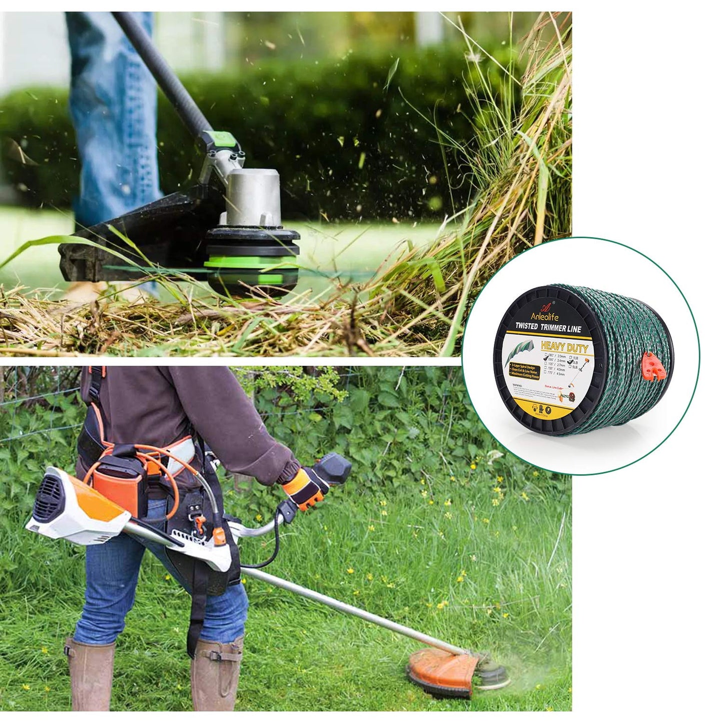 A ANLEOLIFE 3-Pound Heavy Duty Twisted .095-inch-by-1181-ft Dual Core String Spiral Trimmer Line Spool,with Built-in Line Cutter