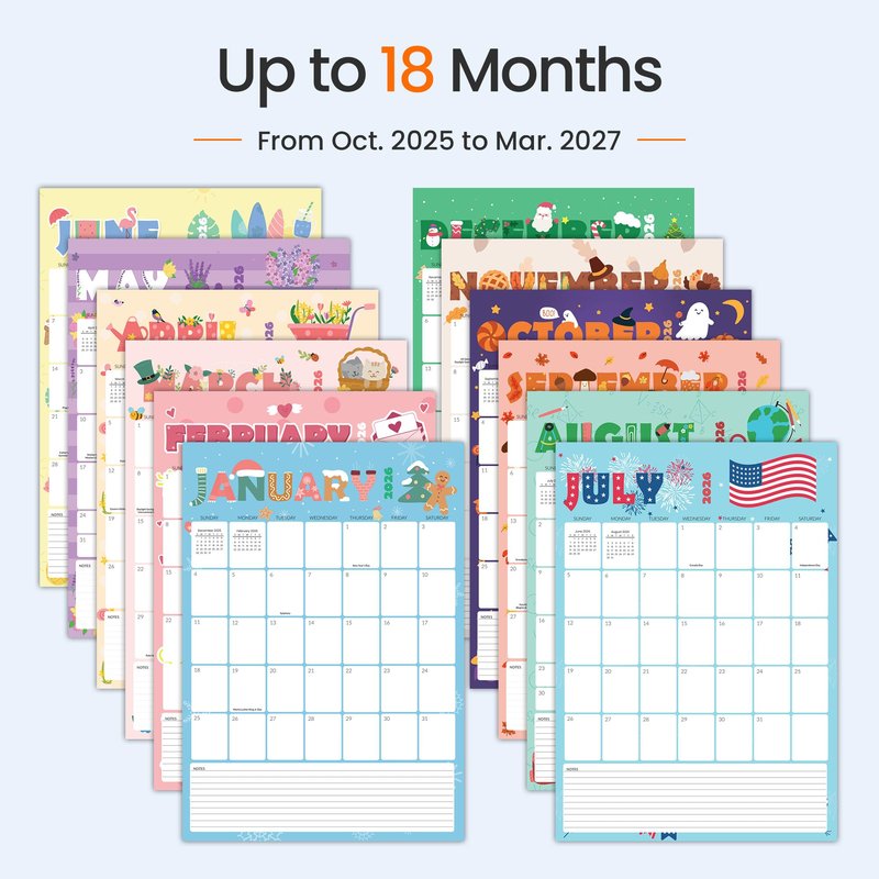 SUNEE Calendar 2026 18 Months Wall Calendar Oct. 2025 - Mar. 2027, 12"x17" Big Hanging Calendar 2026 with Note, Past Month and Next Month for Organizing & Planning, Cute