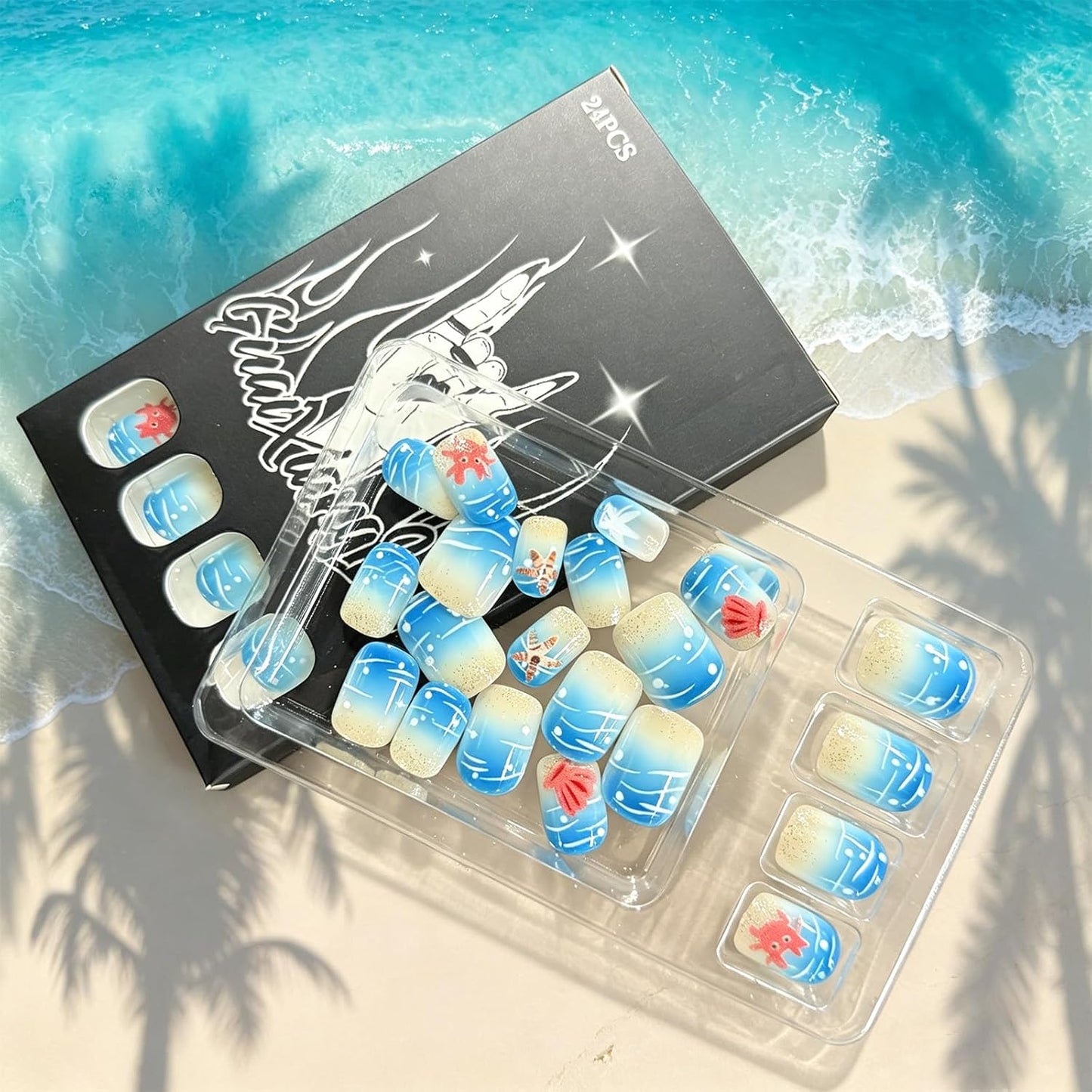 Press On Nails - Short Square Blue Wave Glitter Design | 24 Pcs Glossy Reusable Artificial Nails for Summer