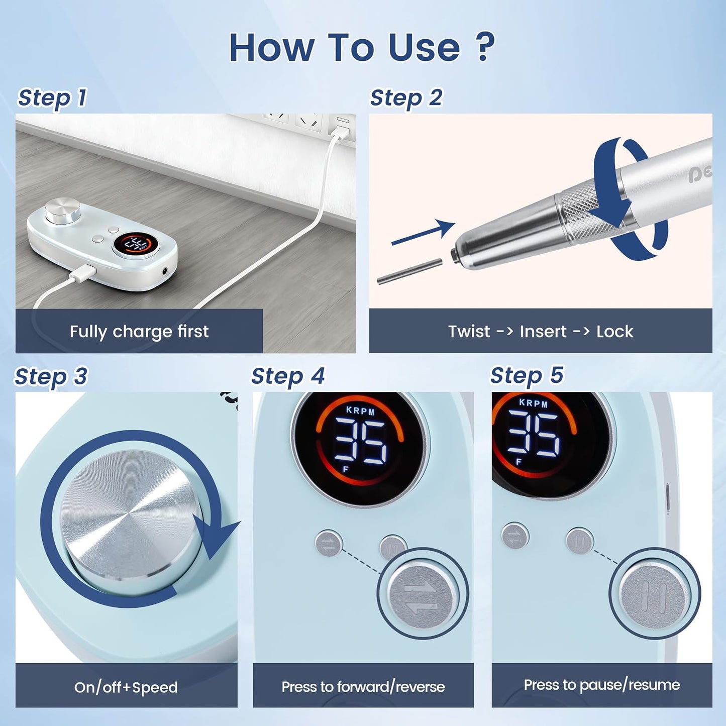 Rechargeable Nail Drill - 35000 RPM Efile for Acrylic & Gel Nails | Portable Electric Manicure & Pedicure Tool, Blue