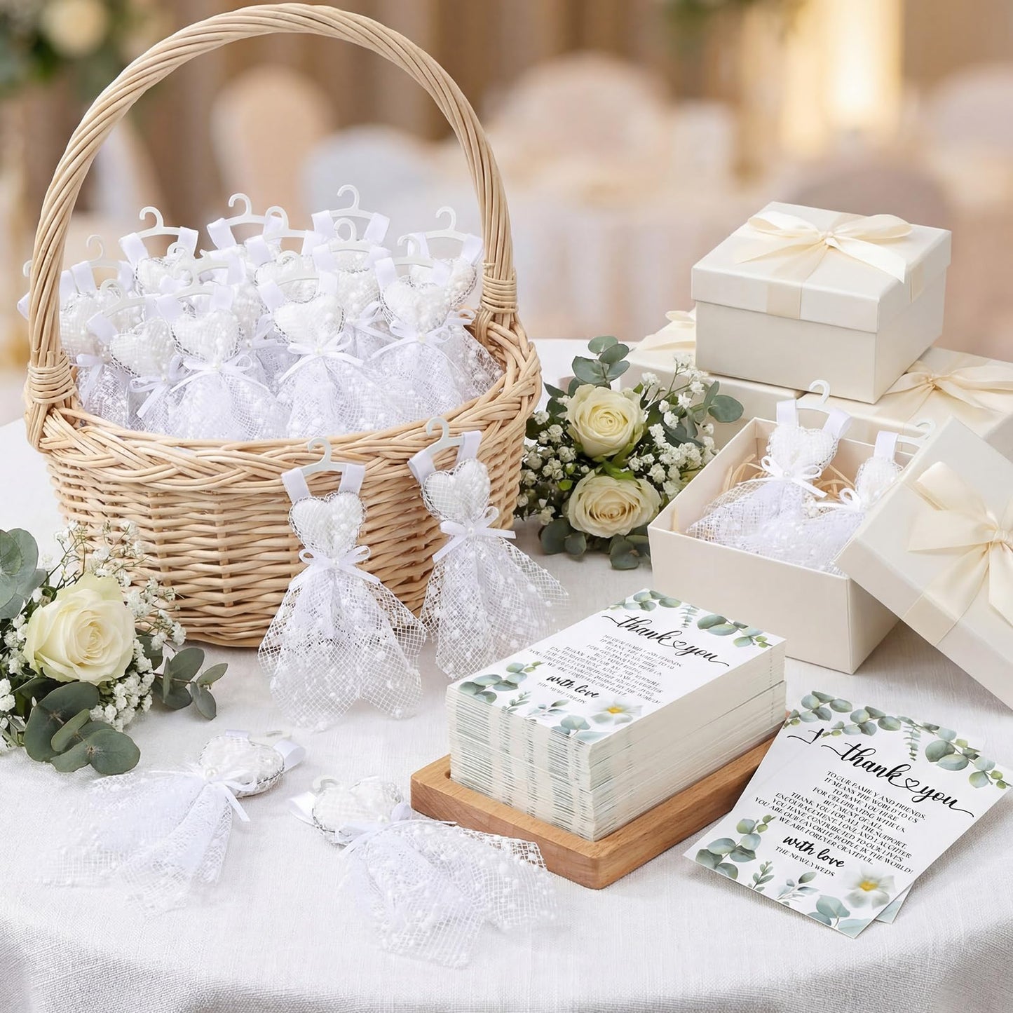 Conelist 150 Pcs/50 Sets Bridal Shower Party Favors Wedding Party Favors for Guests Bulk Bachelorette Heart Shaped Candles in Mini Wedding Dresses Engagement Bridesmaids Gifts with Thank You Card