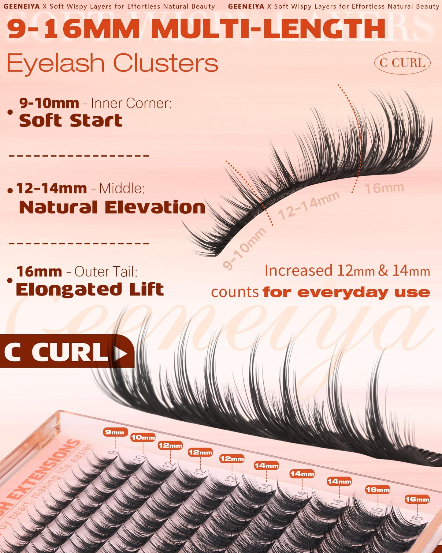 Geeneiya Wispy Lash Clusters, 9-16MM Natural Eyelash Clusters, DIY Cluster Eyelash Extensions, C Curl Lashes Clusters for Beginners