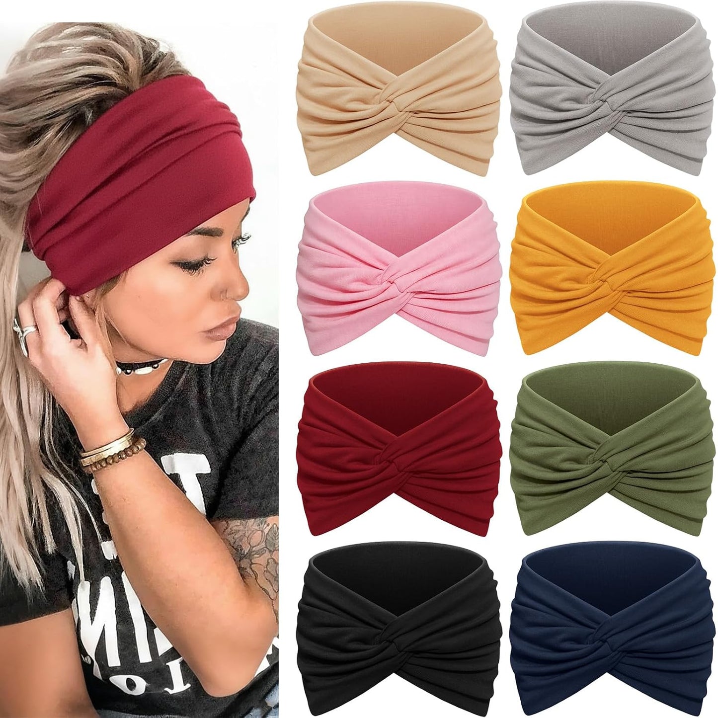 Wide Headbands for Women - 7.08 Inch Thick Boho Turban Hair Wraps | Non-Slip, Moisture-Wicking, 8 Pack Multi Colors