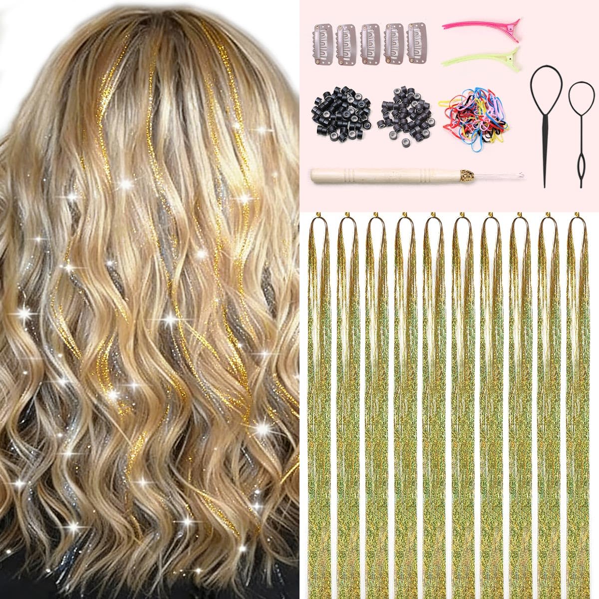 Hair Tinsel Kit - 20 Colors Fairy Tinsel Hair Extensions | Heat Resistant Glitter Accessories for Teens (48 Inch)