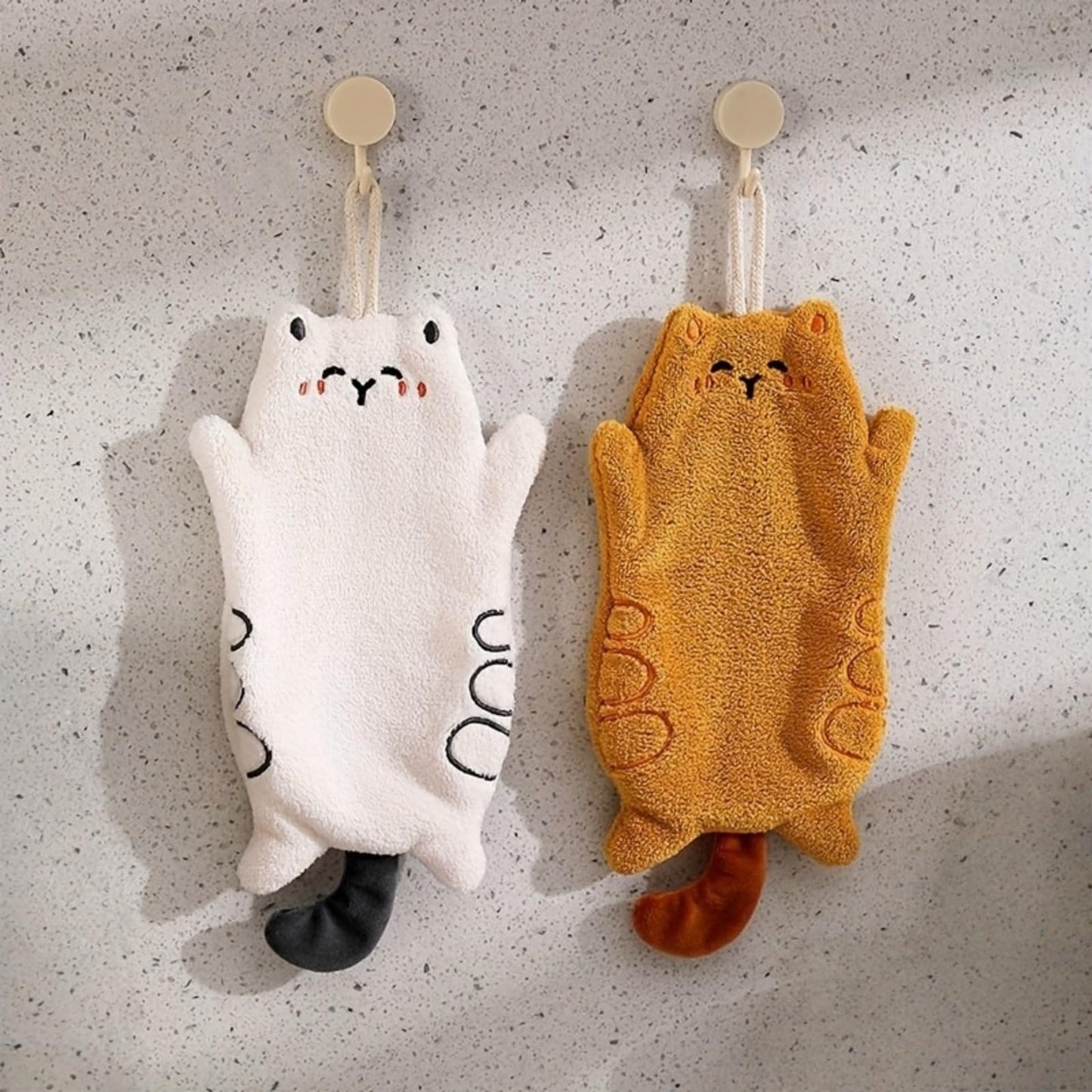 2 Pack Cute Cat Coral Fleece Hanging Hand Towel Ultra Soft Quick Dry Kitchen Bathroom Loop White Yellow Design