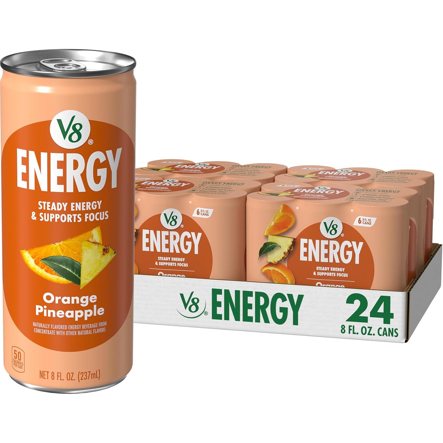V8 Energy Peach Mango Energy Drink - 8 Fl Oz Can | 24 Pack of Refreshing Energy Boost