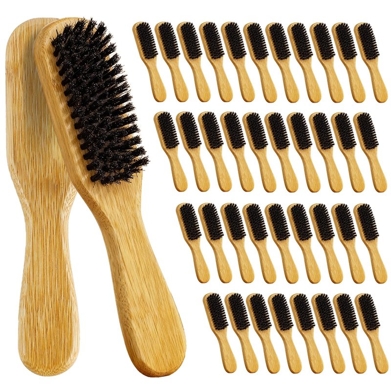 40 Pack Small Boar Bristle Hair Brush Bulk, Bamboo Handle -Slick Back Beard Brush, Hard Bristle Brush for Thick Hair, Curly, Frizz Control,Dual Use for Women & Men, Pet Grooming Cat & Dog