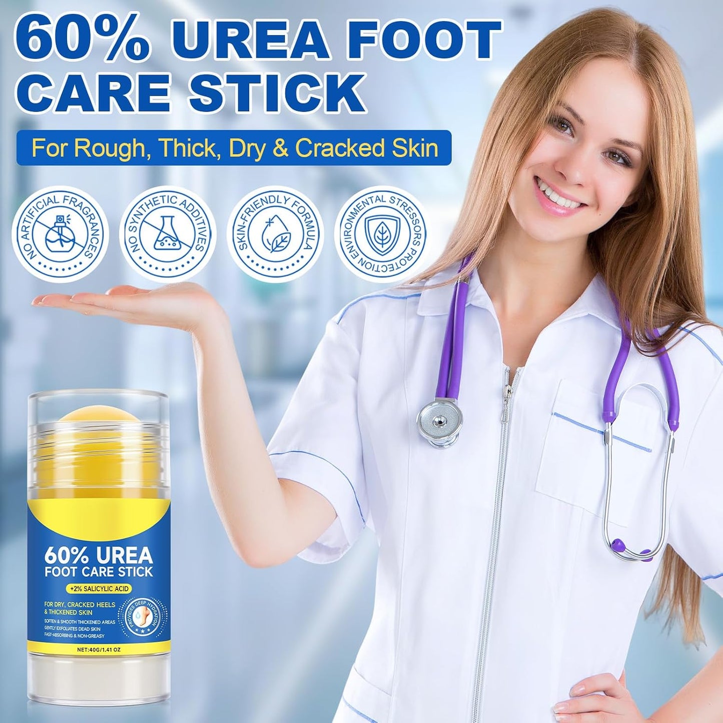 Urea Foot Care Stick - 60% Urea & 2% Salicylic Acid for Dry, Cracked Skin | 1.4oz Callus Remover & Softener